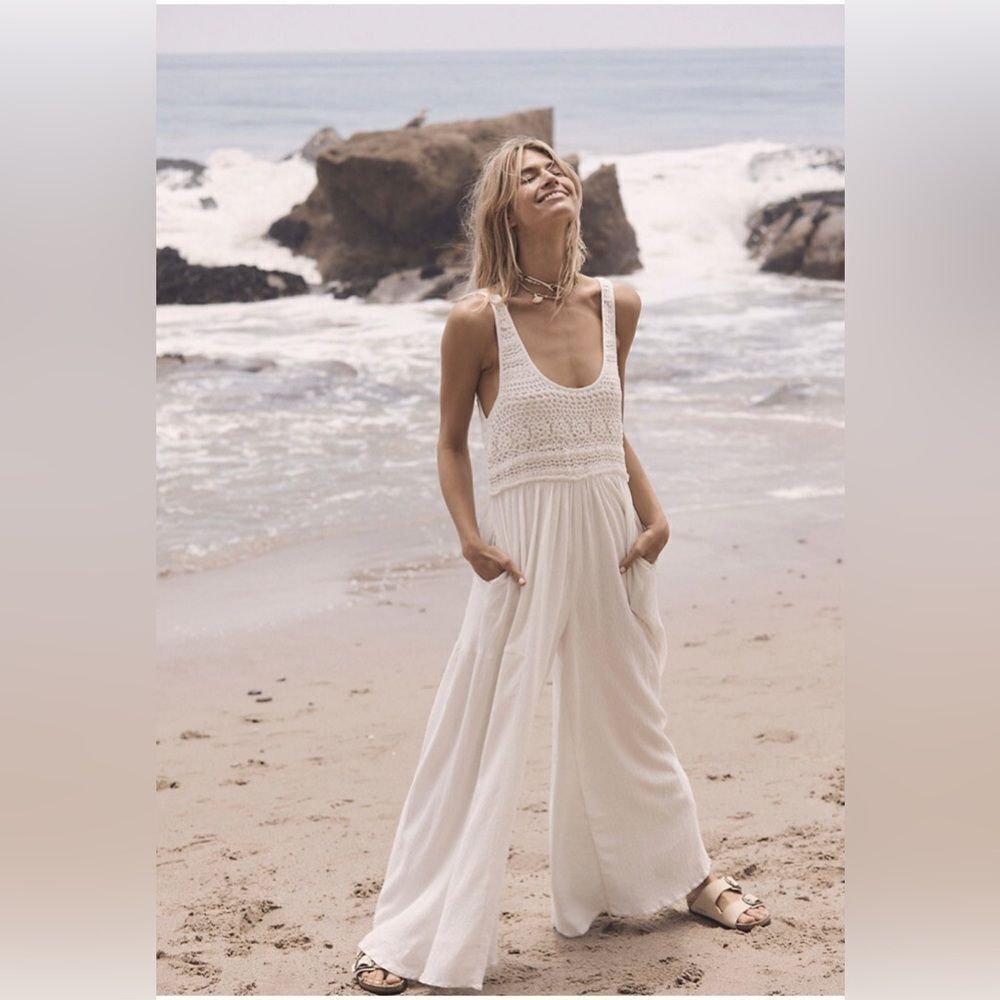 Free people Soleil wide leg cream jumpsuit romper gauzy cotton and crochet small